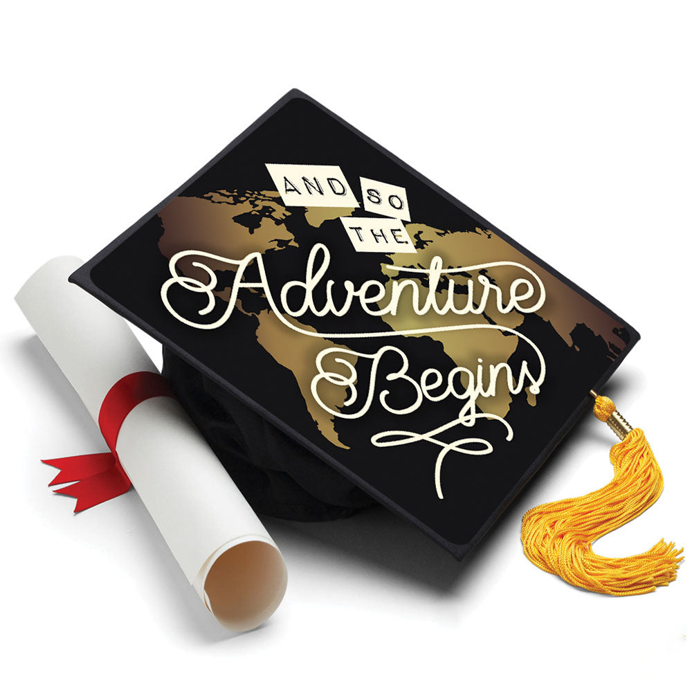Graduation Cap Topper ™ - Adventure Begins - Tassel Topper - Tassel Toppers - Professionally Decorated Grad Caps