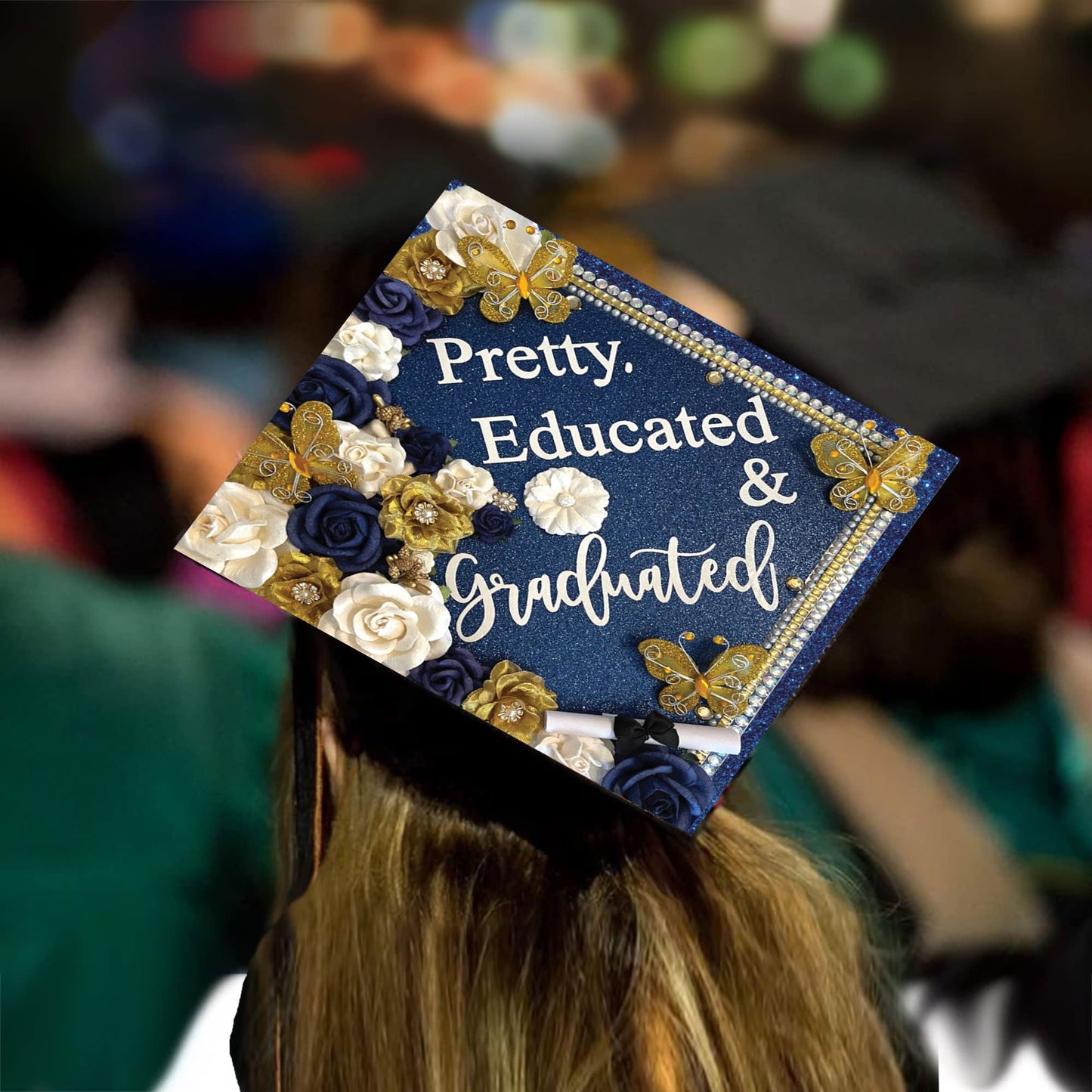 Pretty Educated and Graduated Grad Cap Topper - Tassel Toppers - Professionally Decorated Grad Caps