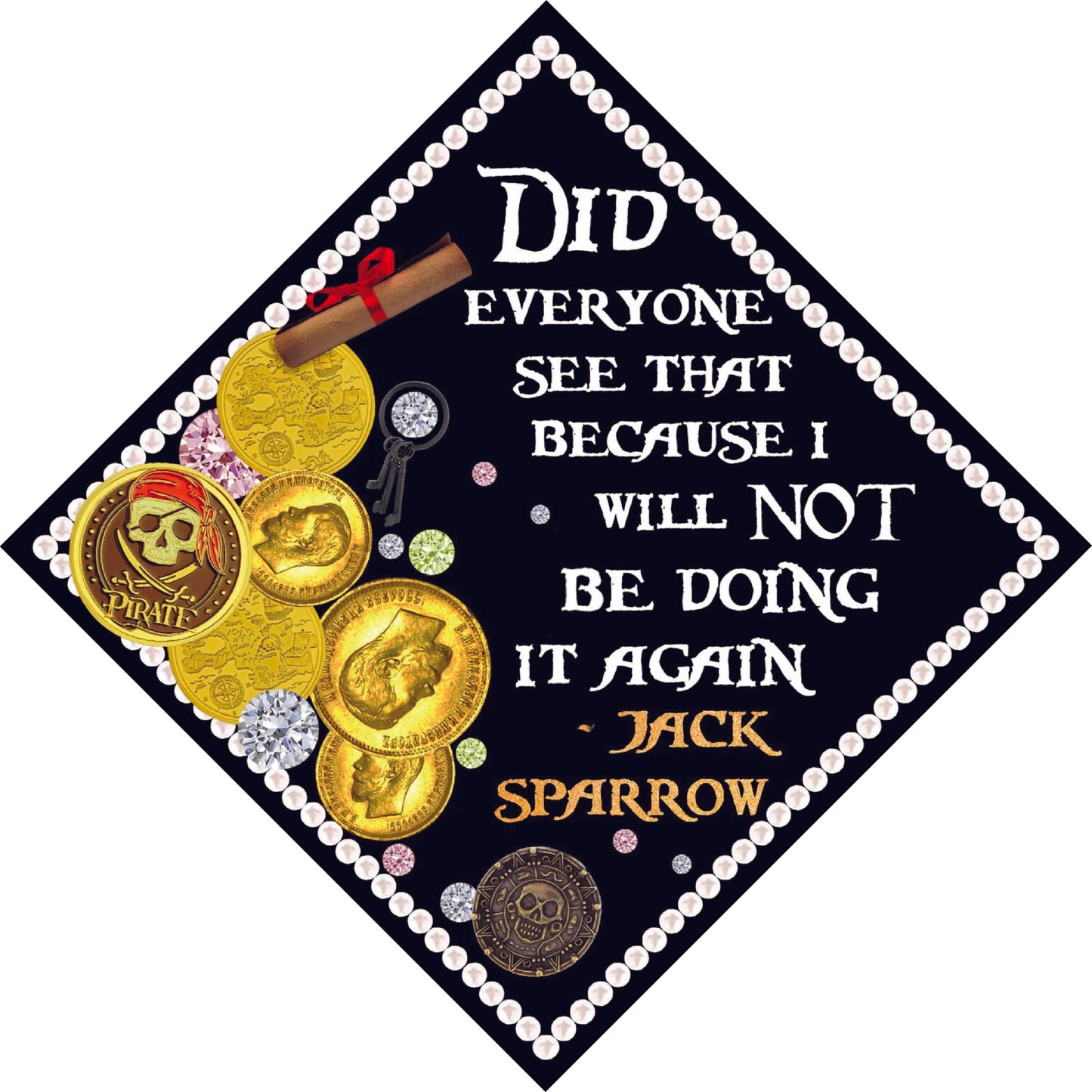 Jack Sparrow Pirates of the Caribbean Cap Topper - Tassel Toppers - Professionally Decorated Grad Caps