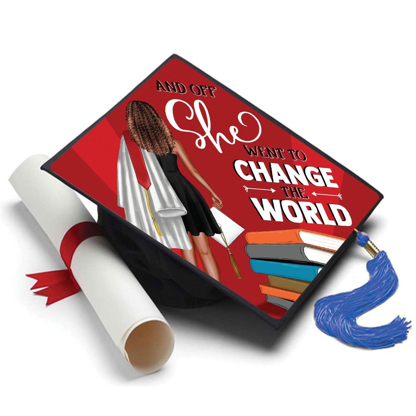 She Went to Change the World Grad Cap Tassel Topper - Tassel Toppers - Professionally Decorated Grad Caps