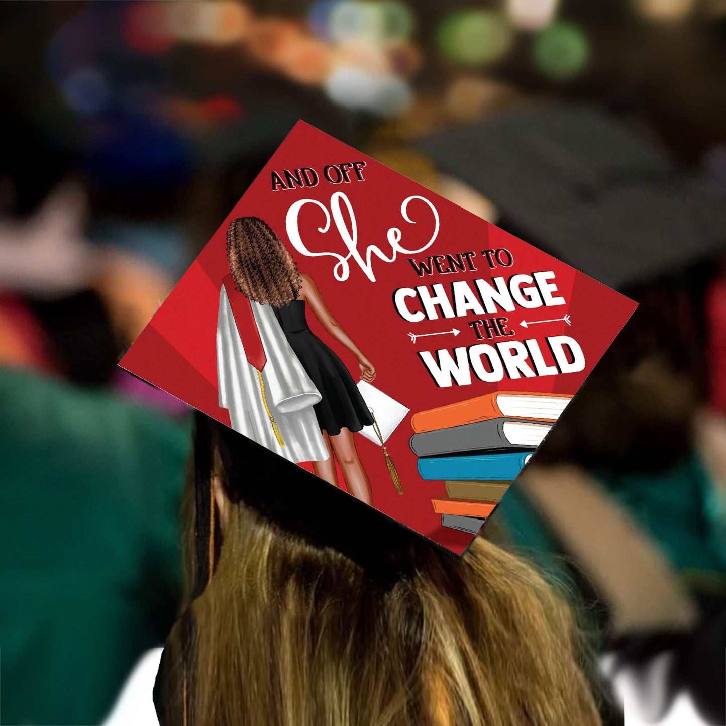 She Went to Change the World Grad Cap Tassel Topper - Tassel Toppers - Professionally Decorated Grad Caps