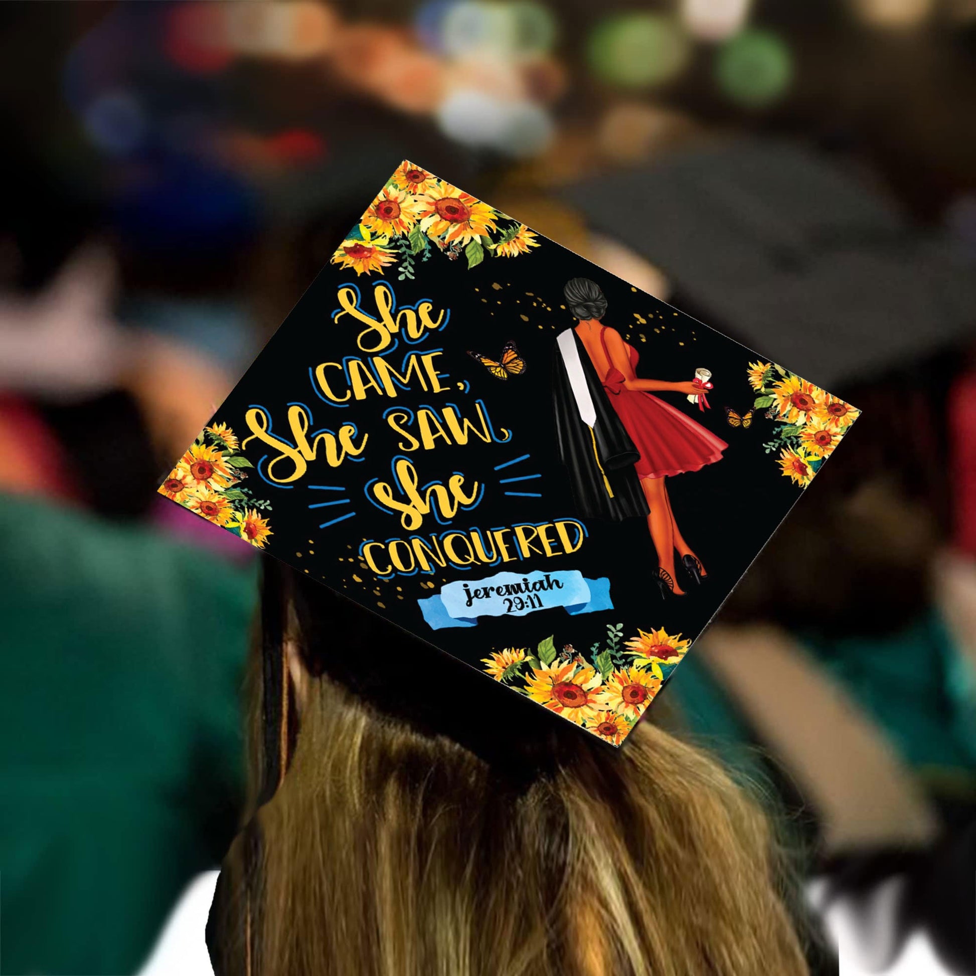 She Came She Saw She Conquered Grad Cap Topper - Tassel Toppers - Professionally Decorated Grad Caps