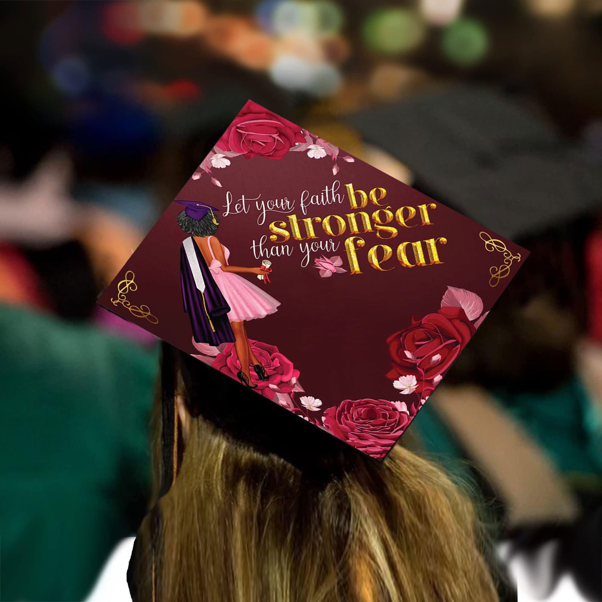 Let Faith be Stronger Than Your Fear Grad Cap Topper - Tassel Toppers - Professionally Decorated Grad Caps