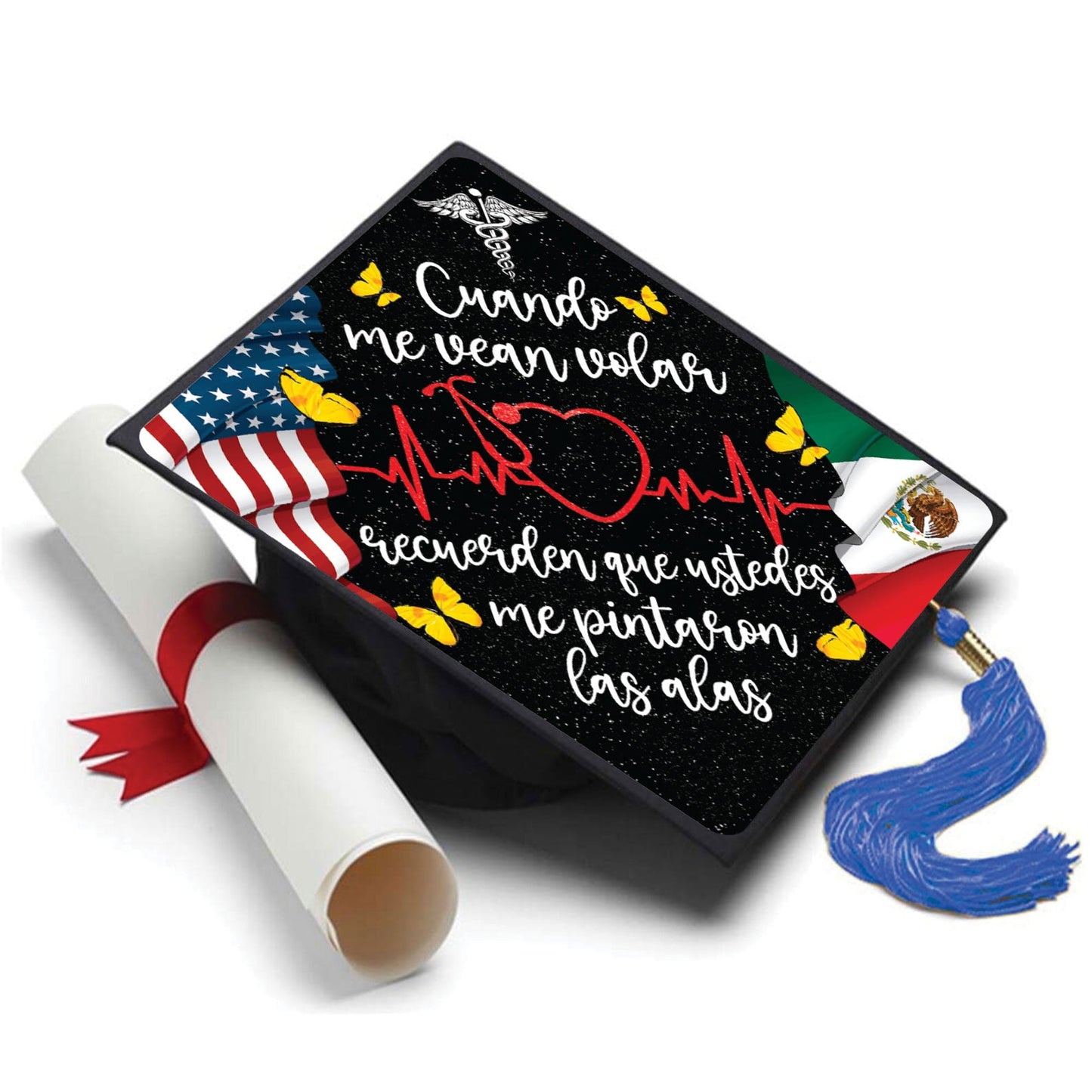 Mexican Nurse Flag Grad Cap Topper - Tassel Toppers - Professionally Decorated Grad Caps