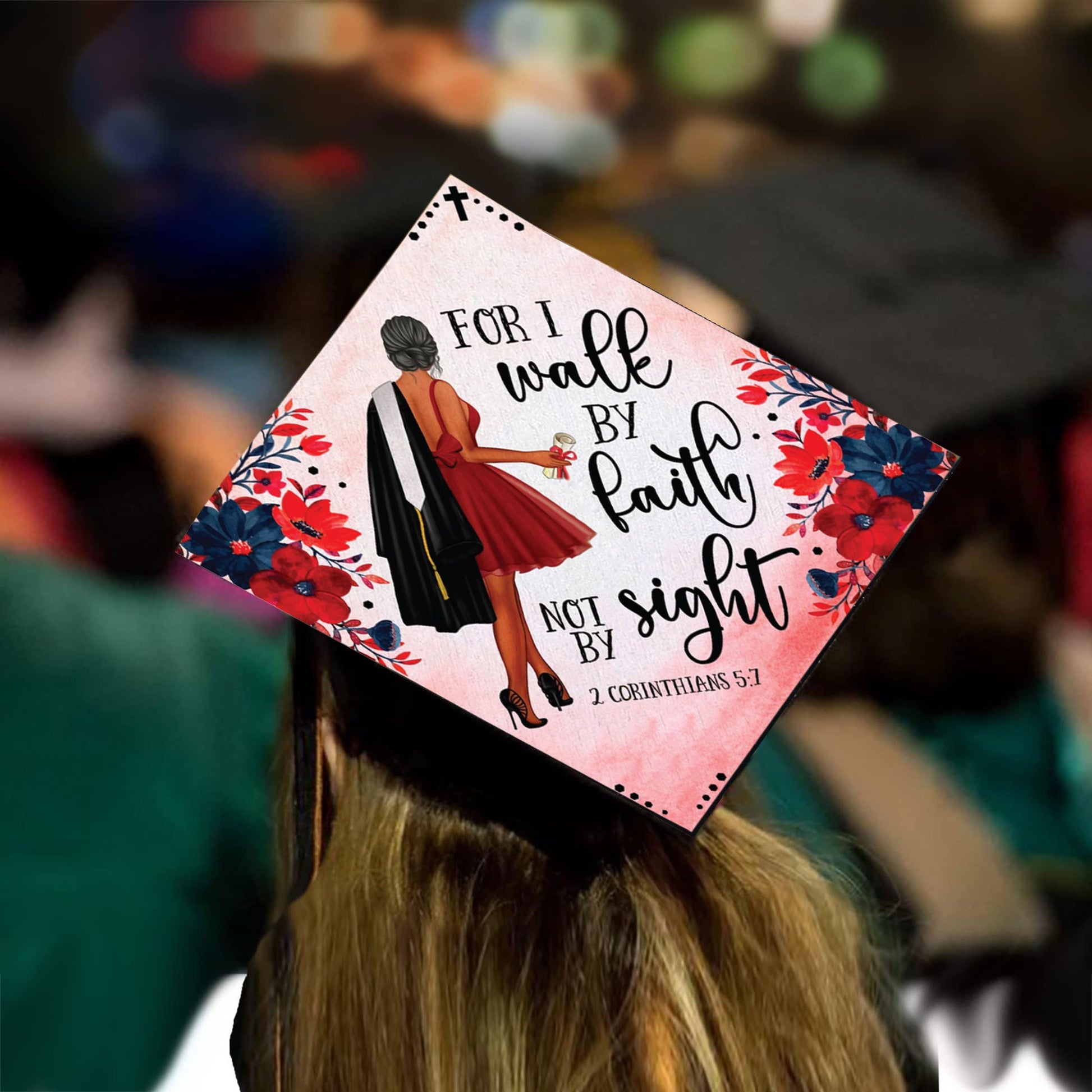 Walk by Faith Not Sight Grad Cap Topper - Tassel Toppers - Professionally Decorated Grad Caps