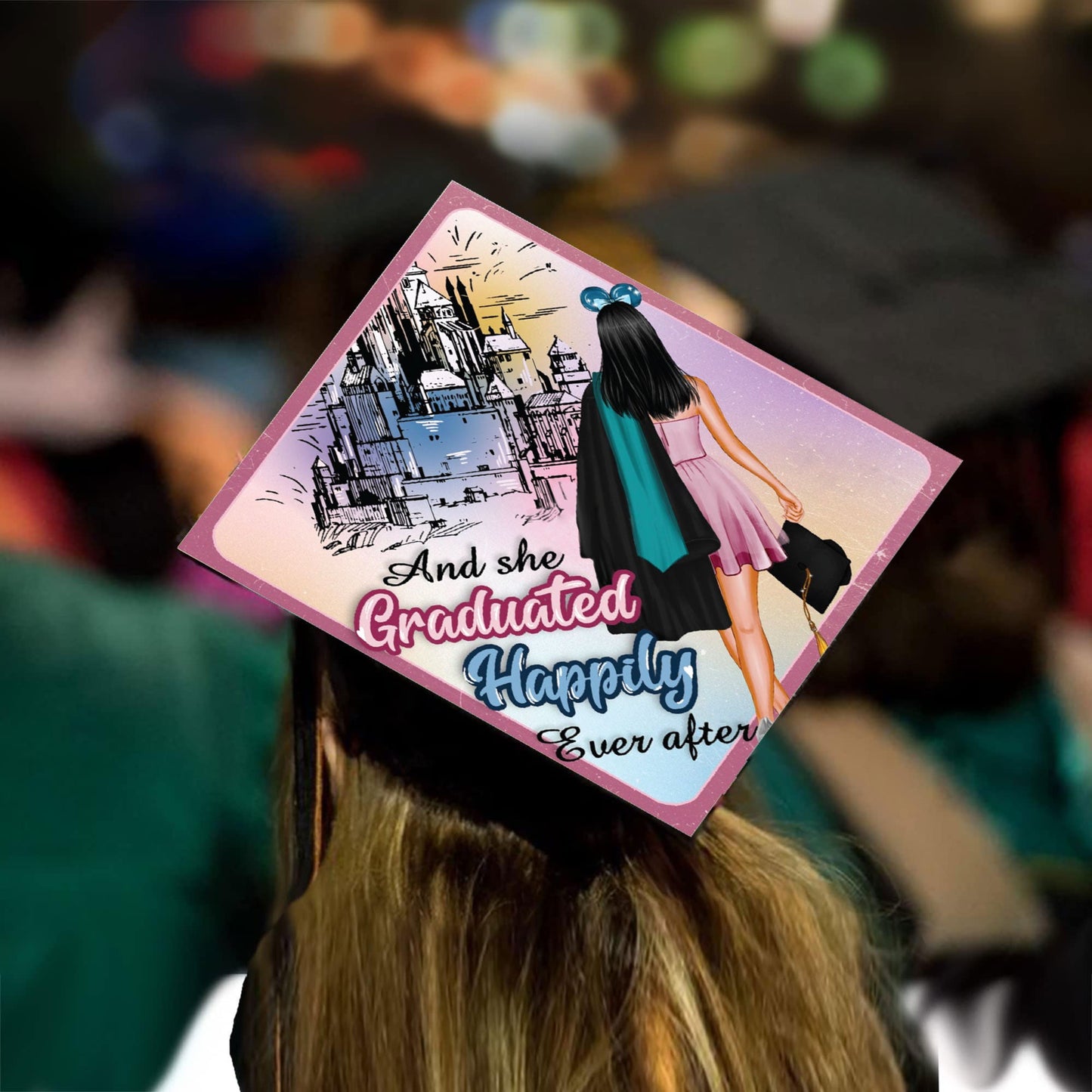 She Graduated Happily Ever Grad Cap Topper - Tassel Toppers - Professionally Decorated Grad Caps