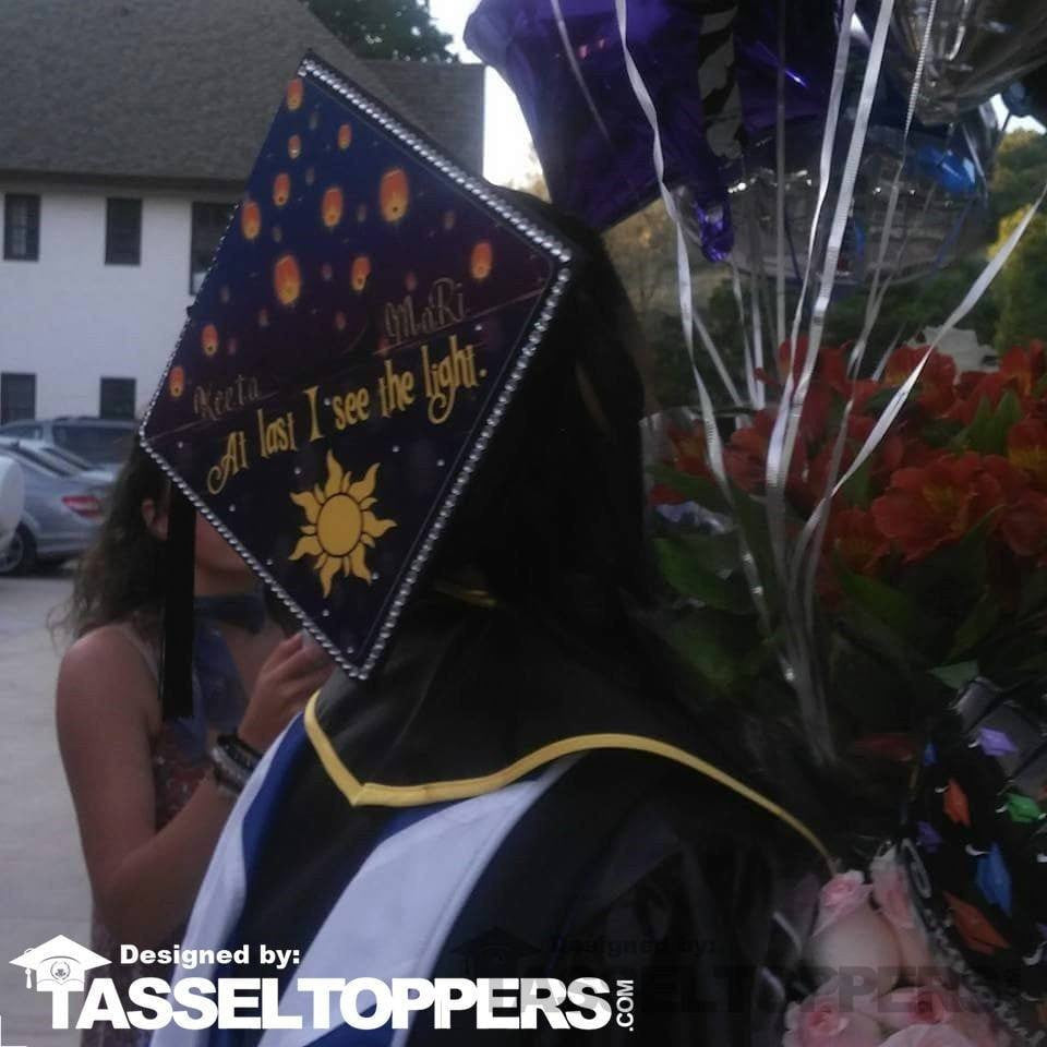 Graduation Cap Topper  ™ - At Last I See The Light - Tangled - Tassel Topper - Tassel Toppers - Professionally Decorated Grad Caps